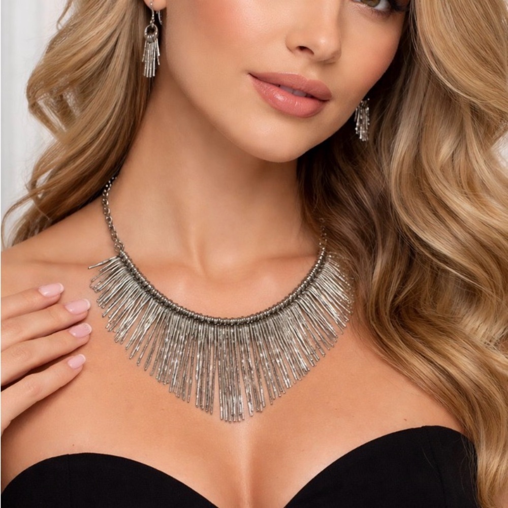 Bijoux Terner Silver tone Fringe Necklace & Matching earrings